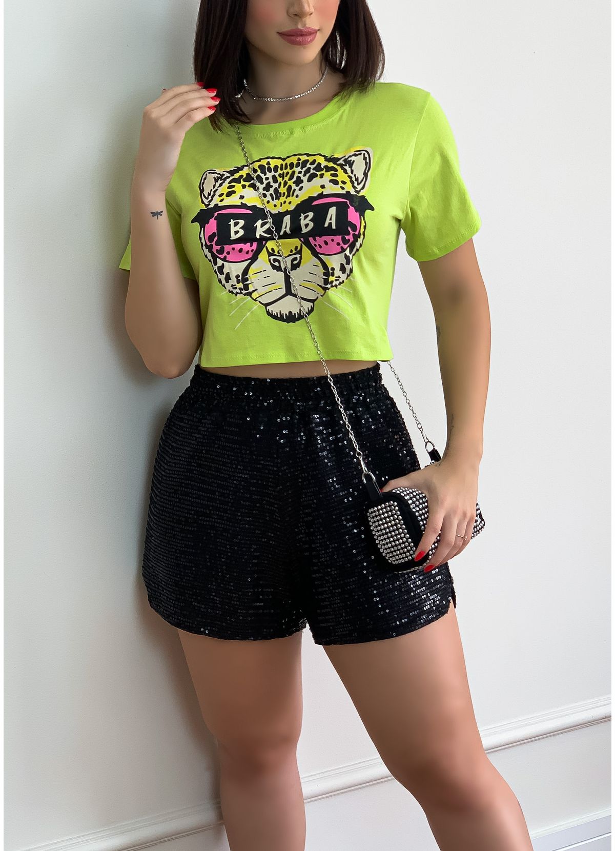 T-Shirt Cropped Branco/Verde Neon